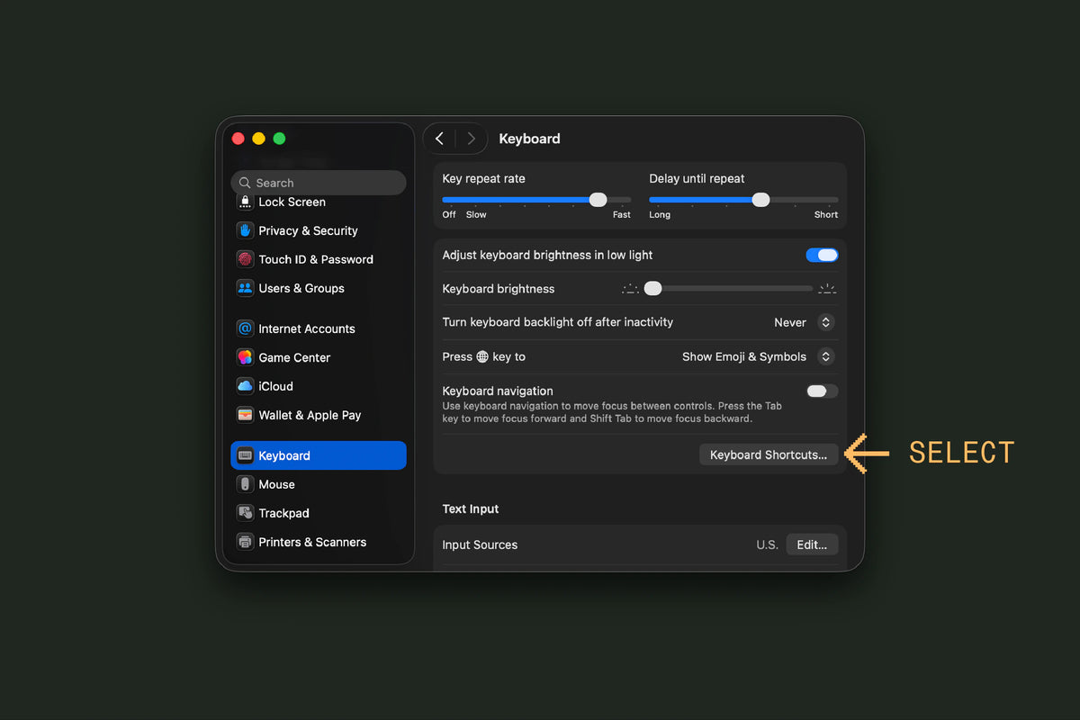 Under the keyboard settings in System Preferences, select Keyboard Shortcuts.