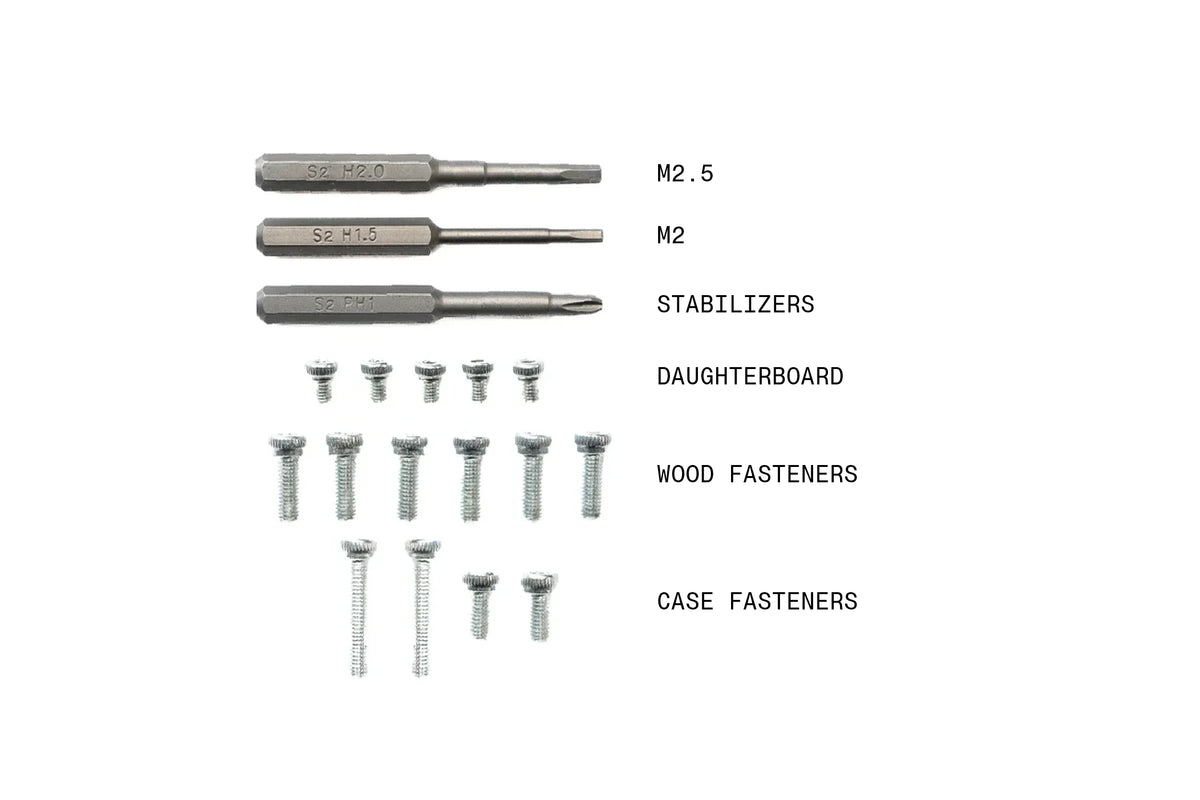 Fastener reference: the M2.5, M2, and stabilizer bits, plus the daughterboard, wood, and case fasteners.